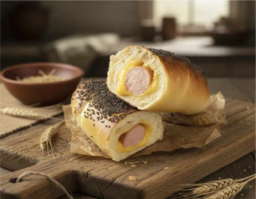 Pretzeldog met kippenworst & kaas