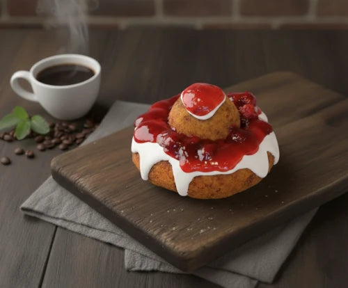 Donut met aardbeien confituur